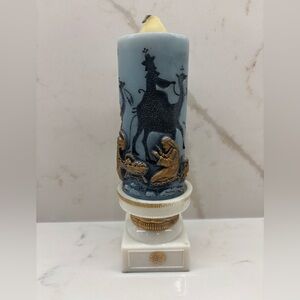 Vintage Jasco Adoration Blue and Gold 3D Decorative Christmas Candle with Base